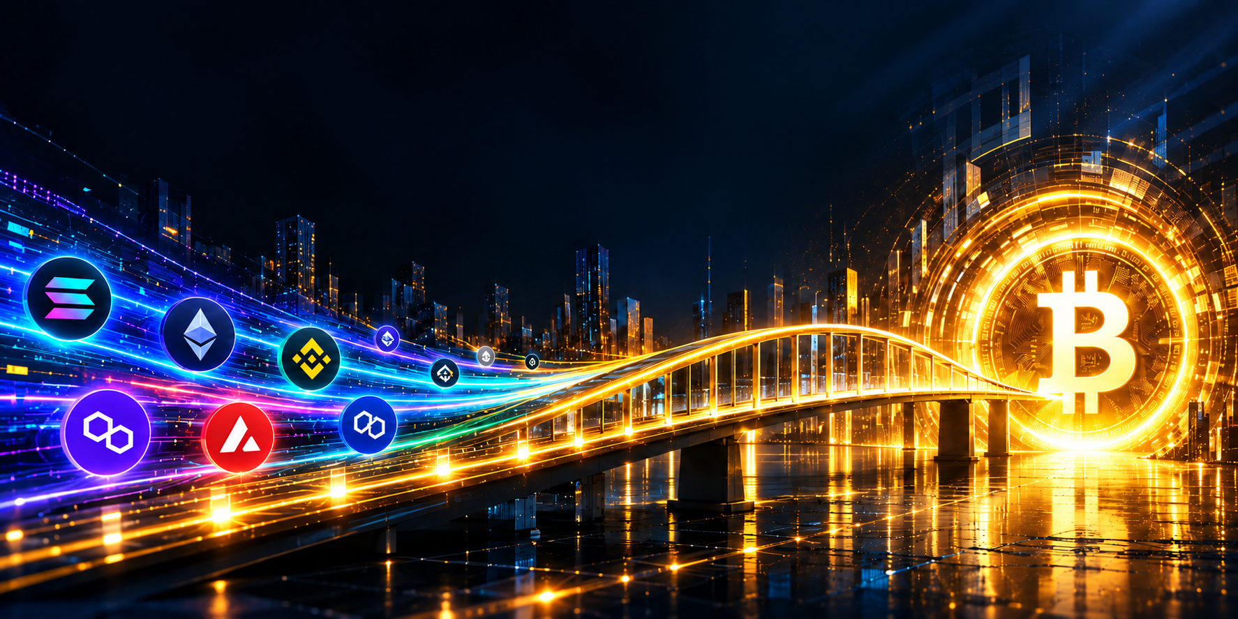 Approved BSVBridge hero artwork with crypto streams, bridge, and gold BSV portal